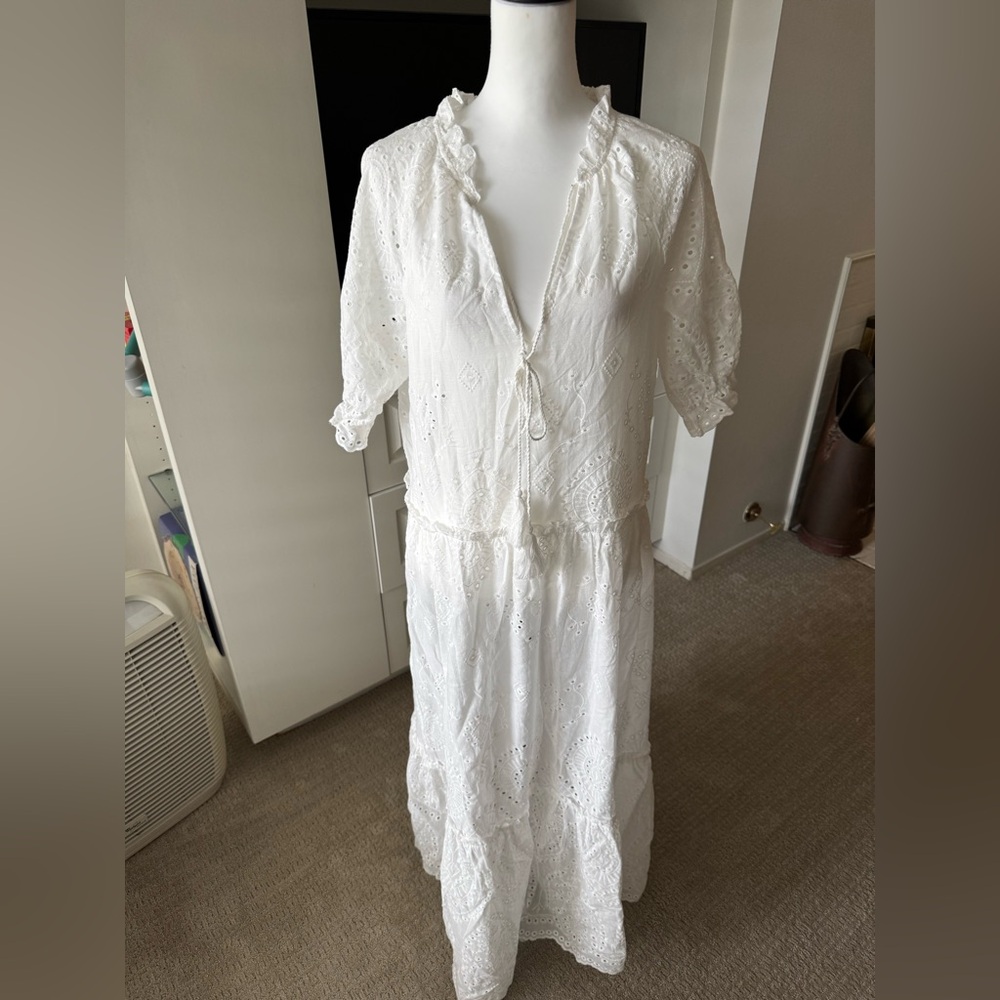 Made With Love Romantic White Eyelet Maxi Dress (Size M)